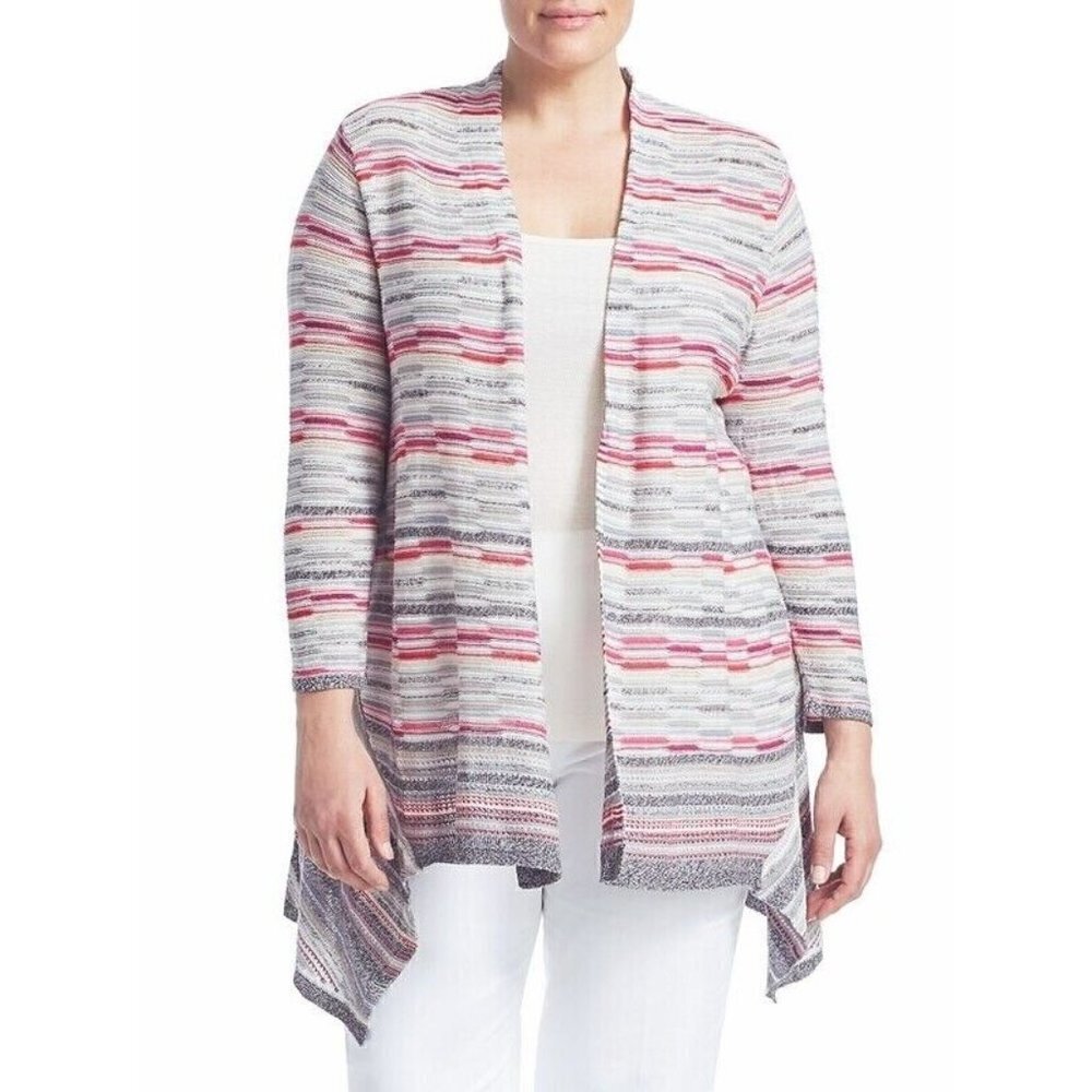 Nic + Zoe Womens Sz 1X Striped Linen Cardigan Sweater Duster Handkerchief Hem